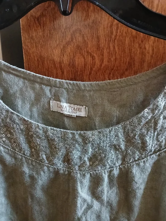 LINA TOMEI sage green sequin linen shift mini dress - Picture 3 of 7